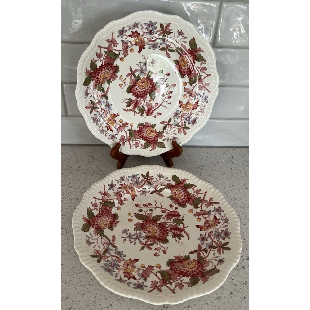 Vtg Set of 2 Copeland Spode Aster Red Dinner Plate 10.5 In Gadroon Edge England